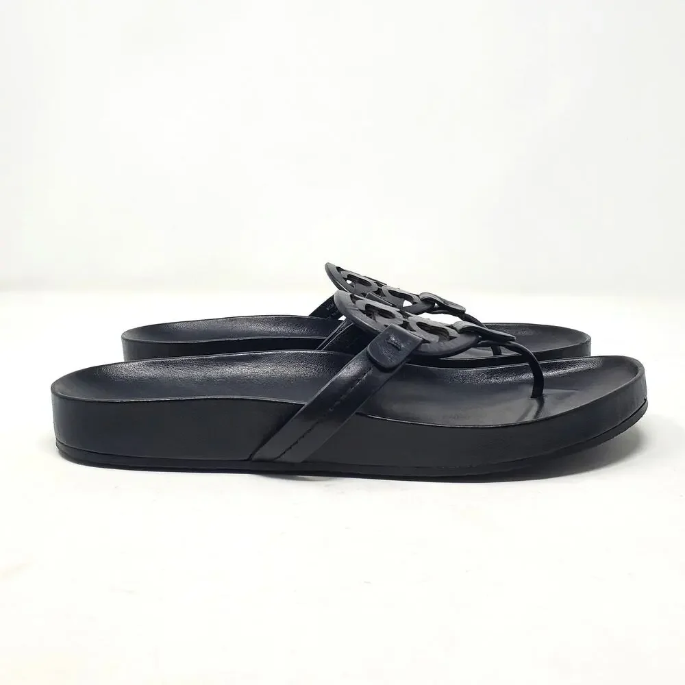 Tory Burch Miller Cloud Thong Sandals Calf Leather Perfect Black Logo Size 9.5 M - Picture 3 of 10